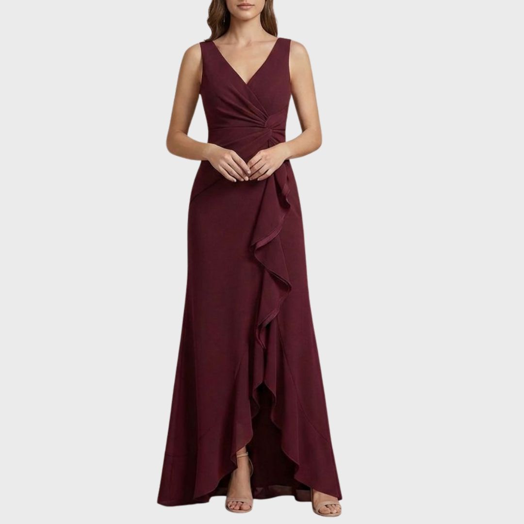 Vinröd Maxiklänning med Volang – Elegant V-ringning