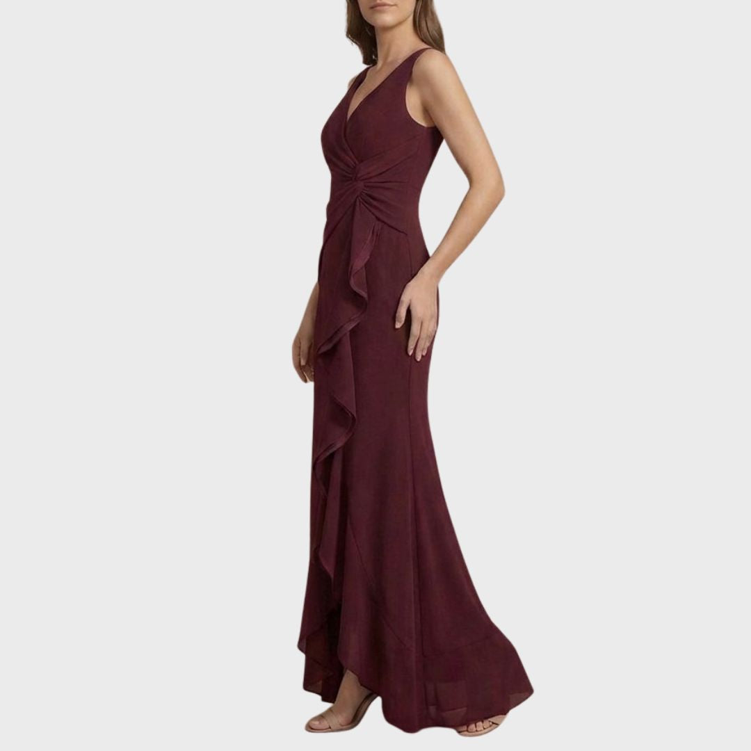 Vinröd Maxiklänning med Volang – Elegant V-ringning