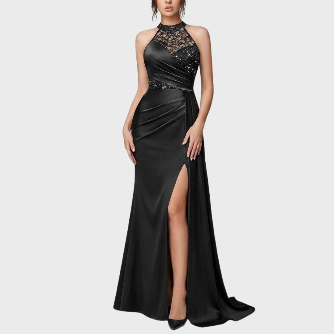 Svart Satängklänning – Halterneck med Spetsdetaljer