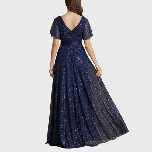 Gnistrande Marinblå Aftonklänning – V-ringad med Skira Ärmar