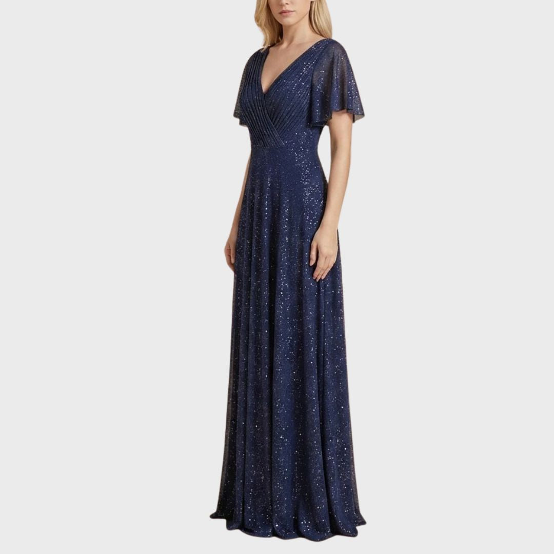 Gnistrande Marinblå Aftonklänning – V-ringad med Skira Ärmar