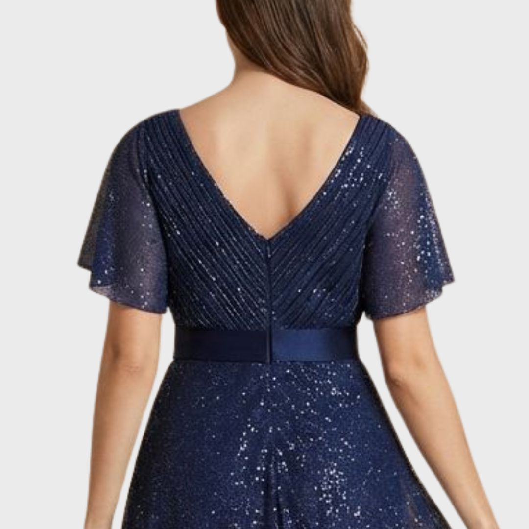 Gnistrande Marinblå Aftonklänning – V-ringad med Skira Ärmar
